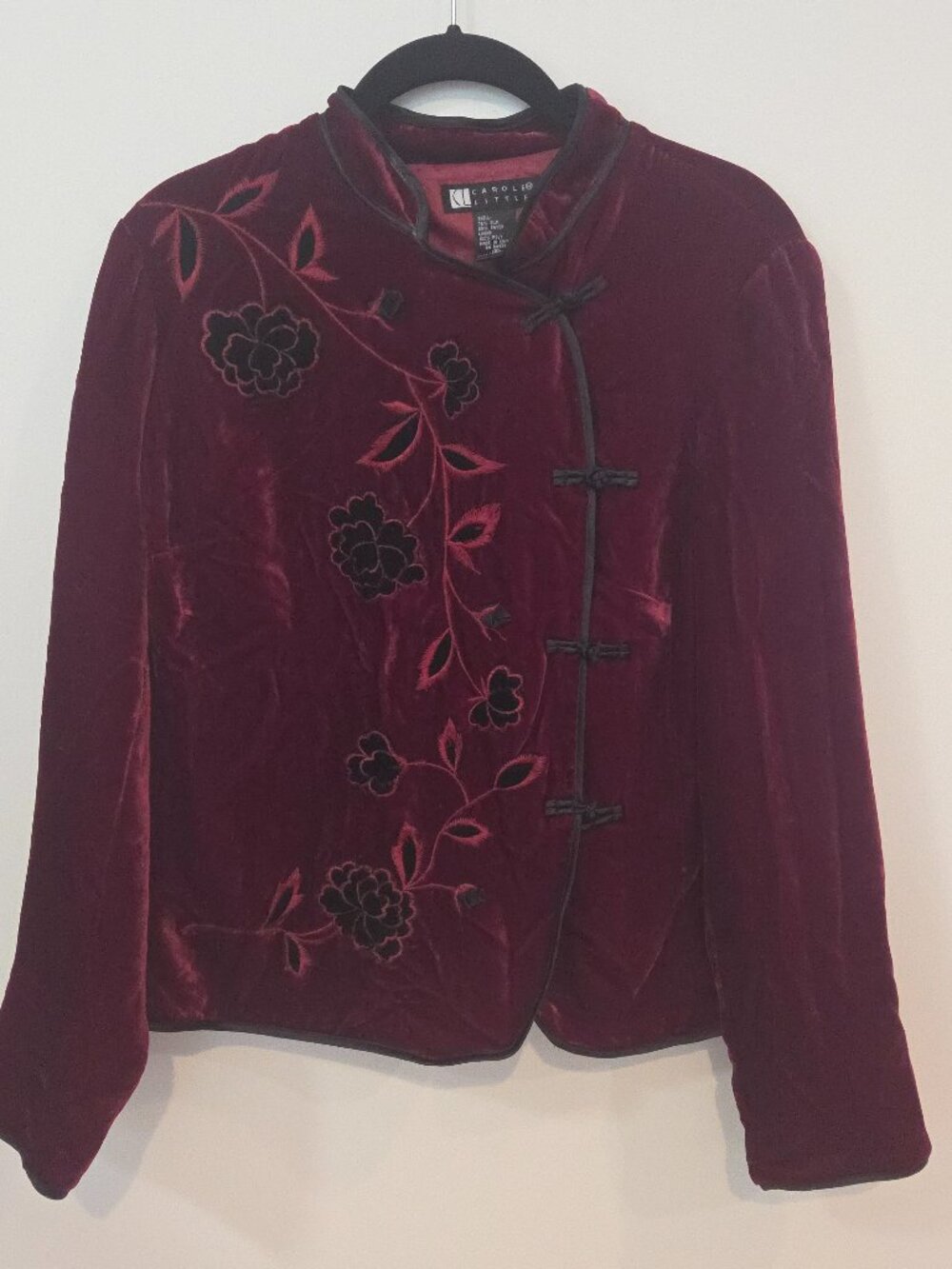 Carole Little Silk Rayon Embroidered Mandarin Jacket Frog Closures